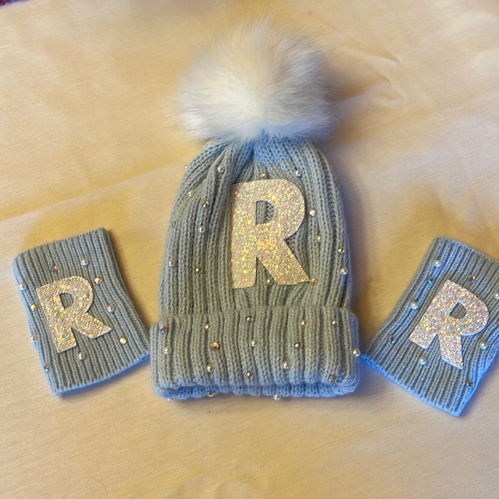 Justice Light Blue Winter Hat and Fingerless Glove Set w/ “R” Initial
